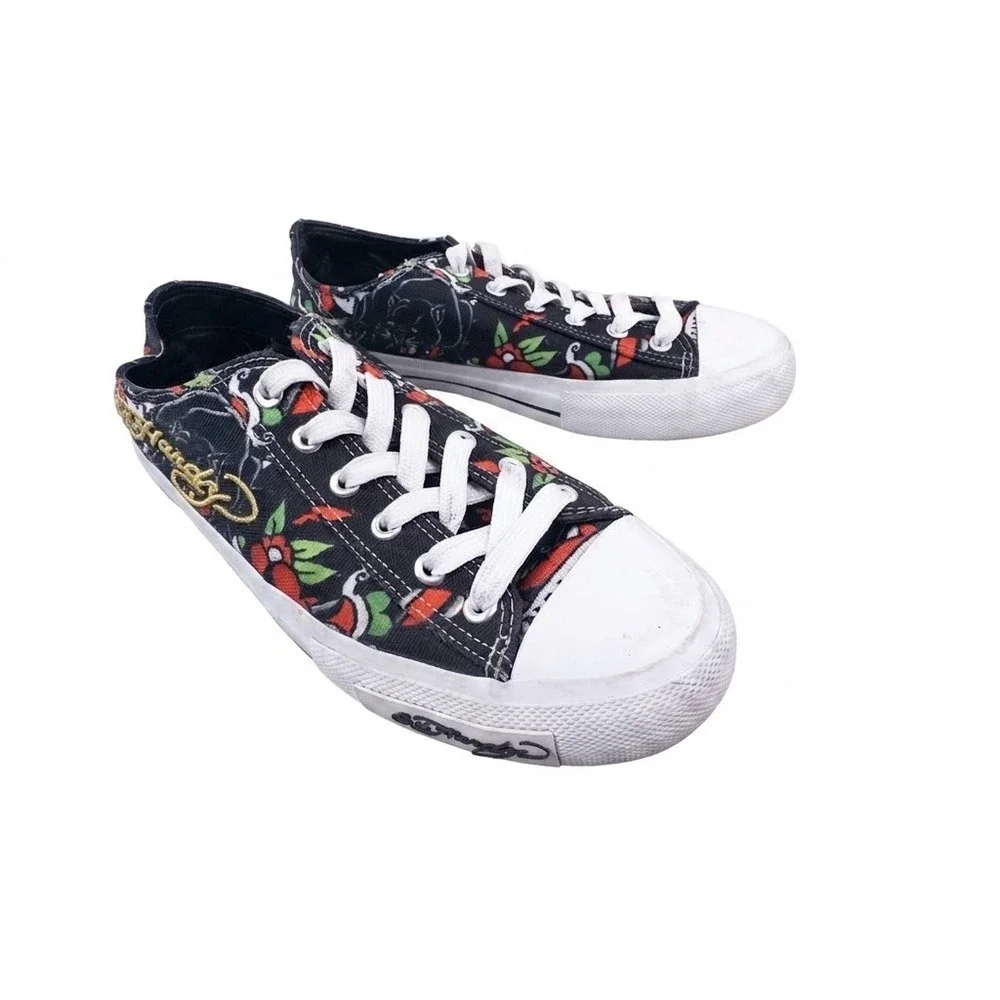 Y2K Ed Hardy Mens Tattoo Flash Graphic Print Canvas Low-Top Sneakers Black Sz 9